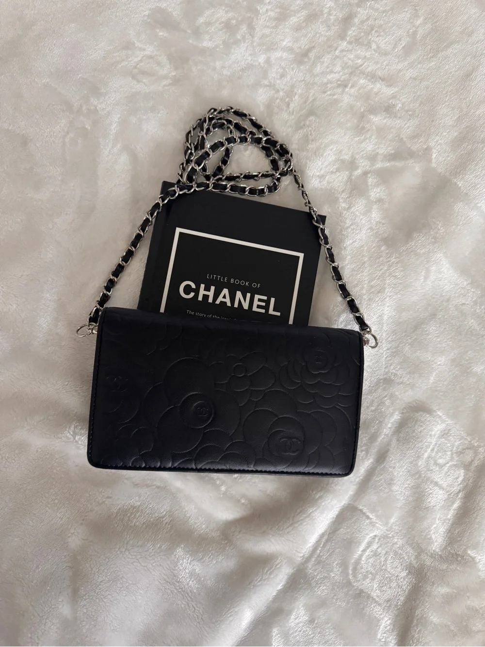 Authentic Chanel Black Camellia Quilted Leather Chain Wallet